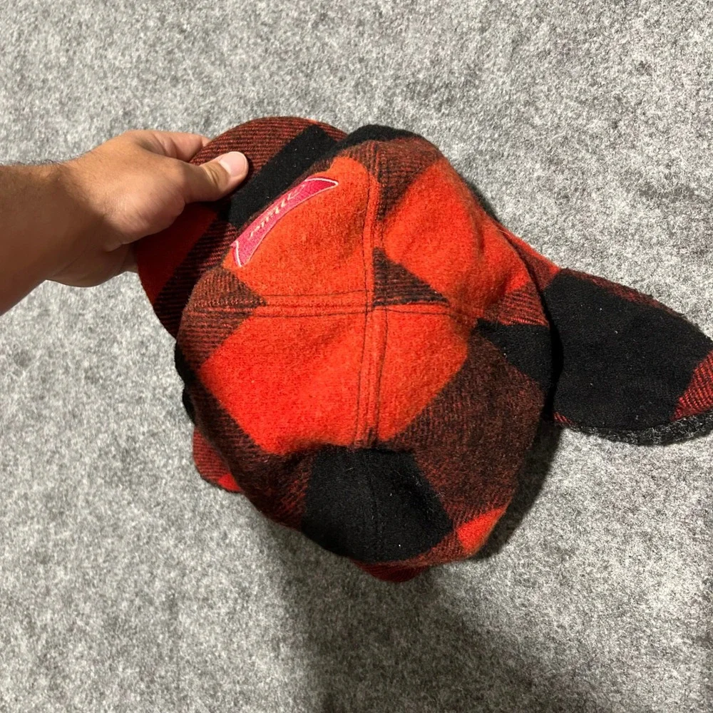 Vintage Miller Beer Buffalo Plaid Trapper Hat Red Black XL USA Biker Retro